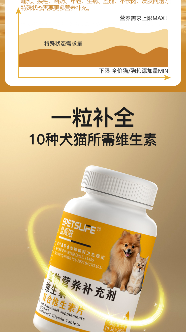 益派滋EPetsLife复合维生素片犬猫通用营养补充剂犬猫通用美毛护肤